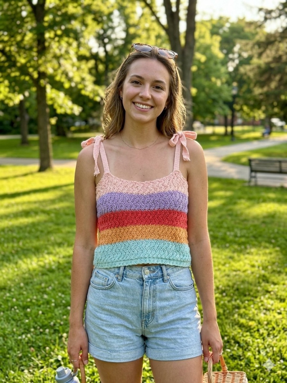 Hand-Knit Rainbow Stripe Tie-Shoulder Crop Top - Pink